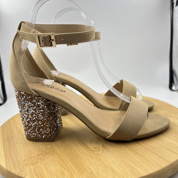 BAMBOO Tan Sandals Size 6.5 Glitter Block Heel Ankle Strap Faux Suede Shoes - Picture 2 of 7